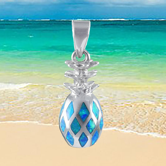 Hawaiian 3D Blue Opal Pineapple Pendant, Sterling Silver Pineapple Charm Pendant, Hawaiian Jewelry, Christmas Anniversary Birthday Gift