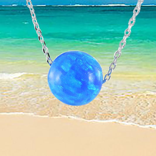 Hawaiian Blue Opal Earth Ball Necklace, Sterling Silver Blue Opal Earth Round Ball Necklace, Christmas Anniversary Birthday Mom Gift