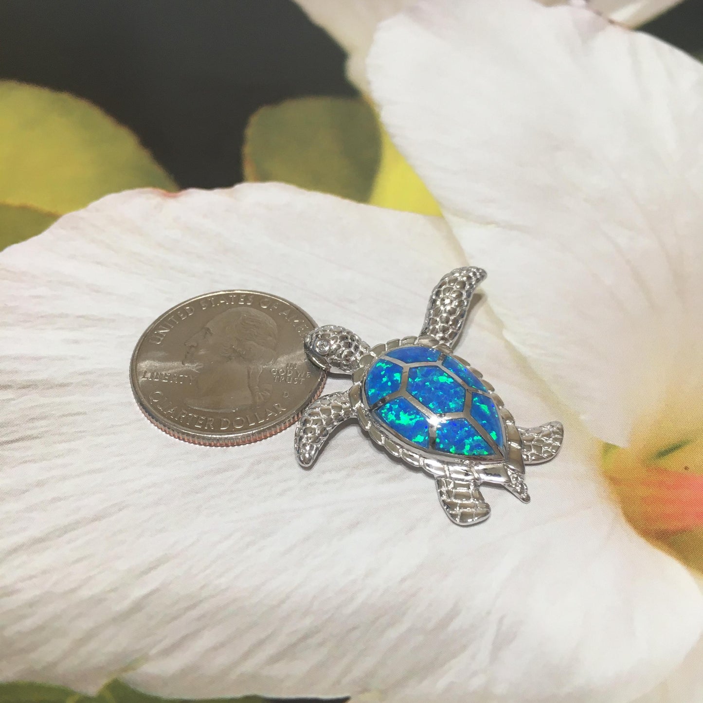 Hawaiian Large Blue Opal Sea Turtle Pendant, Sterling Silver Blue Opal Inlay Sea Turtle Pendant, Hawaiian Jewelry, Christmas Birthday Gift